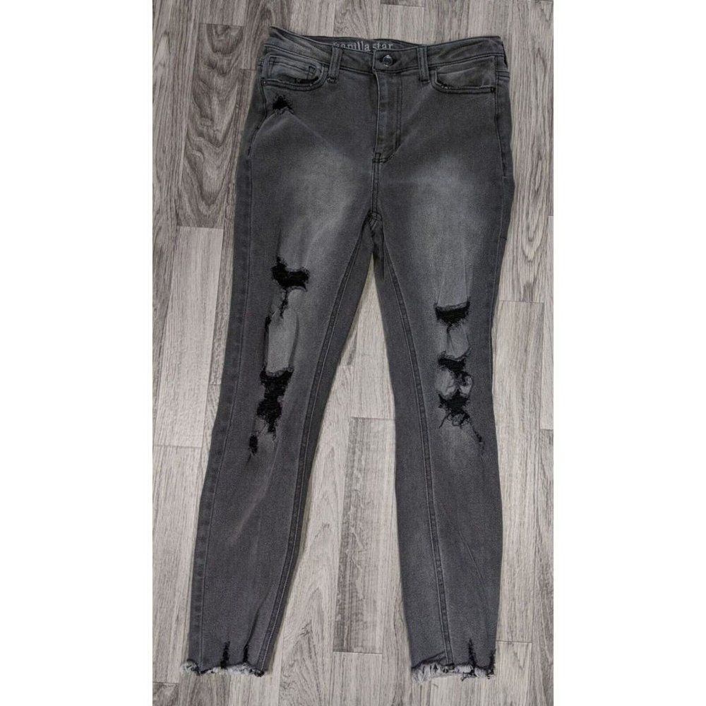 (3/$35) Vanilla Star Size 27 / 5 High Rise Skinny Distressed Grey Denim Jeans